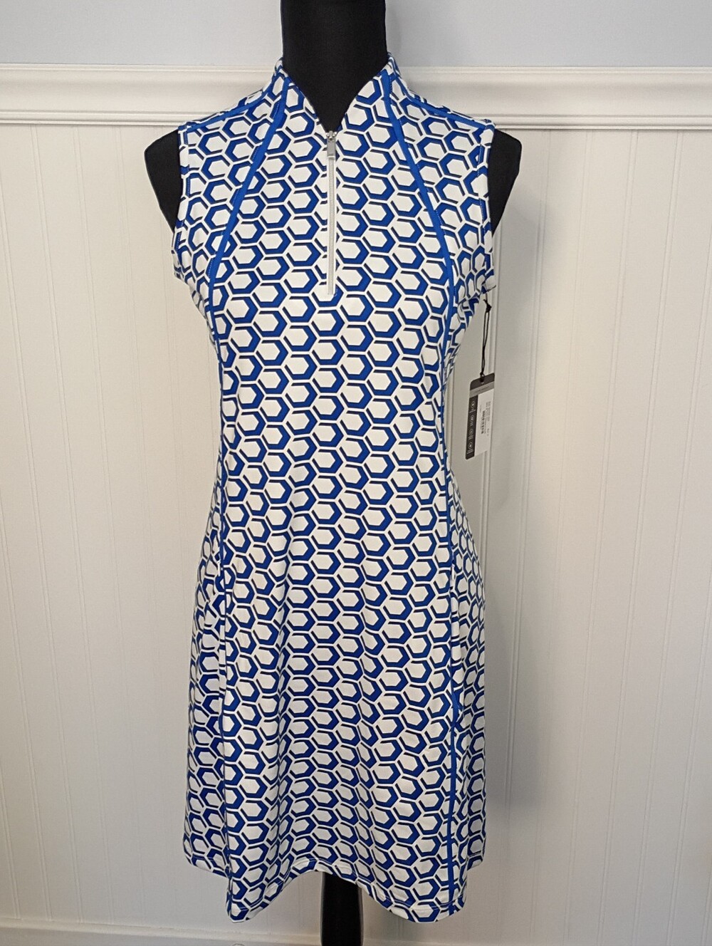 NWT Tail Mika Golf Dress Blue White Geometric Print Size Small